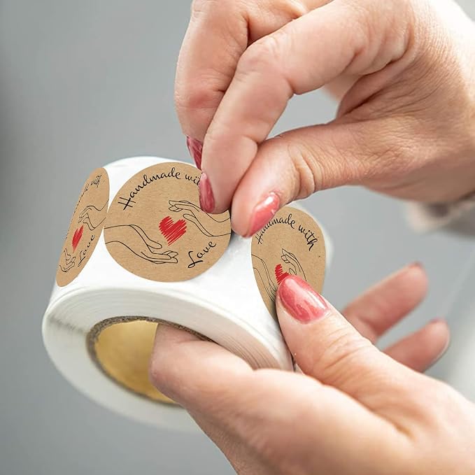 Handmade with Love Stickers Roll | 500 Count | 1.5 Inch | Adhesive Label | Baked with Love | Handmade with Love | Made with Love | Candle Packaging Labels | Homemade Soap | Jar Stickers
