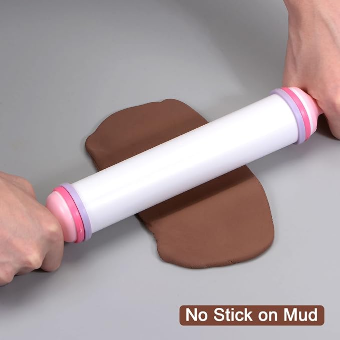 HARFINGTON Fondant Rolling Pin 14.57" x 1.57" Adjustable Guide Non-Stick Flat Pattern with Handle PP Plastic Fondant Roller Dough Roller Rolling Pins for Baking Cookie Pastry Clay