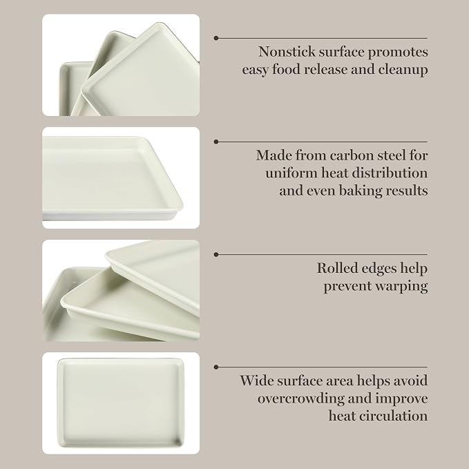 Martha Stewart Gallen 3-Piece Cookie Sheet Set – 13", 15", 17" Baking Pans, Ceramic Nonstick, PFA-Free, Carbon Steel – Oven Safe to 450°F, Warp-Resistant, Easy to Clean - Linen White
