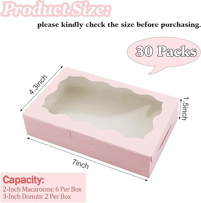 Cookie Boxes with Window Pink Bakery Boxes 7 x 4.3 x 1.5 Inch Takeout Treat Boxes for Cookies, Donuts, Pastry, Strawberries, Macarons(30PCS)