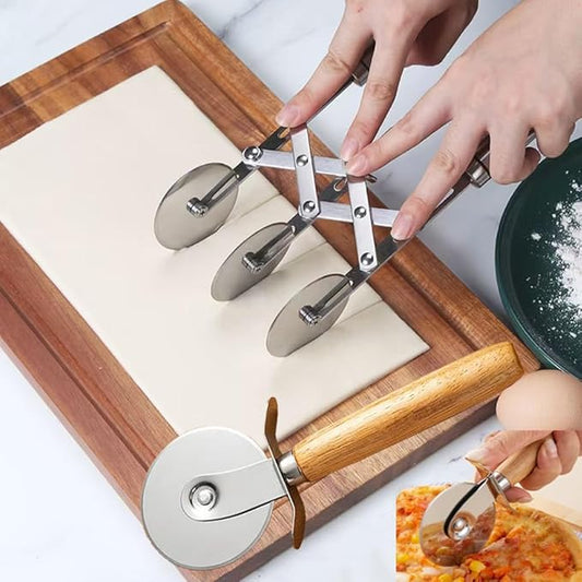 3-Wheel Pastry Knife, Dough Cutter and Wooden Handle Pizza Knife Wheel,Spaghetti And Noodle Slicer, Stainless Steel Pizza slicer, multiple pasta roller cutter tools, (with handle)