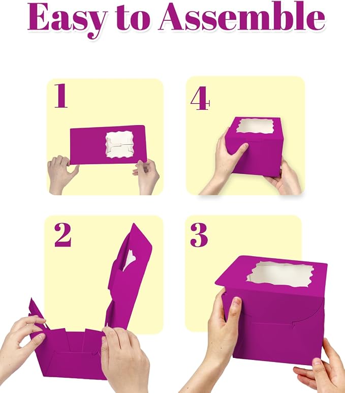 Bakepacker 36pcs 6x6x5 Inches Cake Boxes with Window 18-Packs Deep Purple 6 Inch Bakery Boxes (18 Cake Boxes +18 Cake Boards Included)
