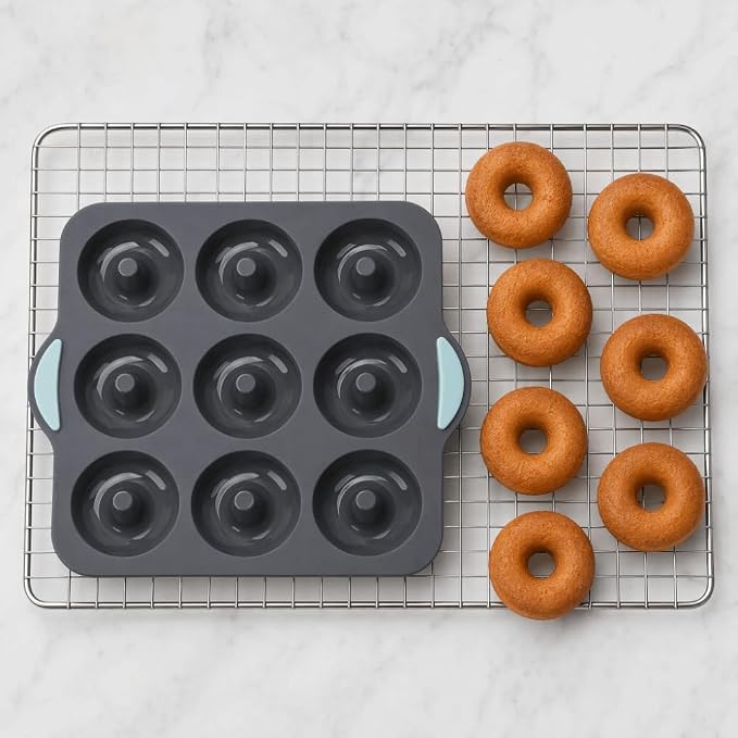 Limen Silicone Donut Baking Mould Tray, 9-Cavity Non-Stick Ring Cake Pan with Center Posts and Dual Side Handles for Oven Baking 11.5x10.12 in(Grey)