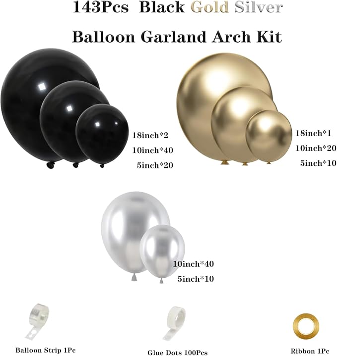 Black Gold Silver Balloon Garland Arch Kit, 143Pcs Black Gold Silver Latex Balloons for New Year 2026 Graduation Retirement Birthday Party Decoration