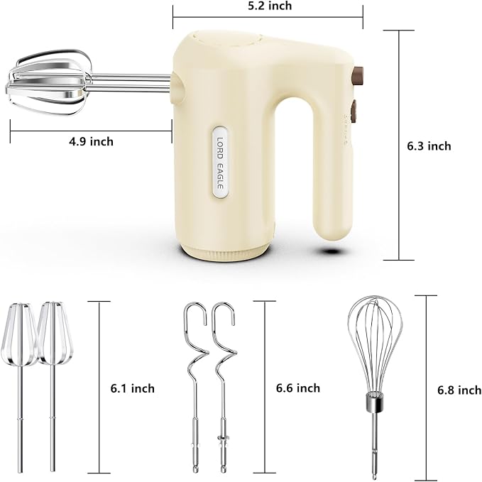 Lord Eagle 5-Speed Hand Mixer Electric With 4 Stainless Steel Mixing Bowls Set, 300W Lightweight Kitchen Handheld Mixer with Measuring Cups & Spoons, Baking Supplies for Cake, Cream
