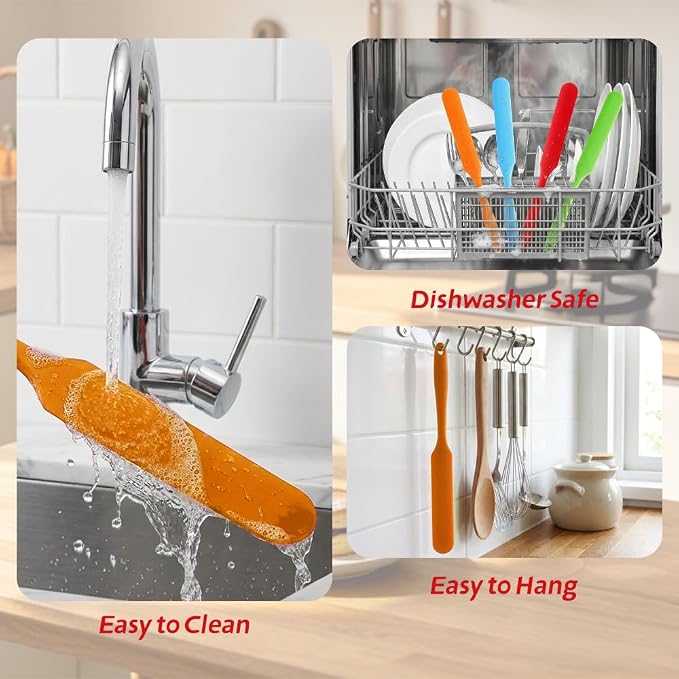 4 Pcs Silicone Jar Spatula, Long Handle Skinny Spatula Scraper for Jars & Bottles, Heat Resistant Small Spatulas Set for Kitchen Baking Sourdough Cake Makeup Essentials, Green+Red+Orange+Blue