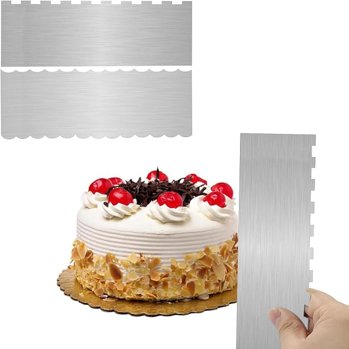 8.7 Inch Stainless Steel Cake Scraper, Double Sided Patterned Edge Stripe Edge Smoother Scraper Cake Decorating for Mousse Butter Cream, 2 Pieces