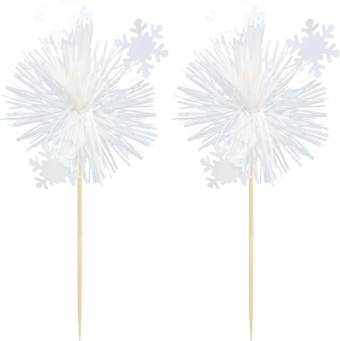 Gyufise 20Pcs Foil Firework Cupcake Toppers Sparkle Tinsel Cake Toppers Tinsel Drink Cake Decoration Cocktail Picks for Birthday Wedding Graduation Party Supplies White