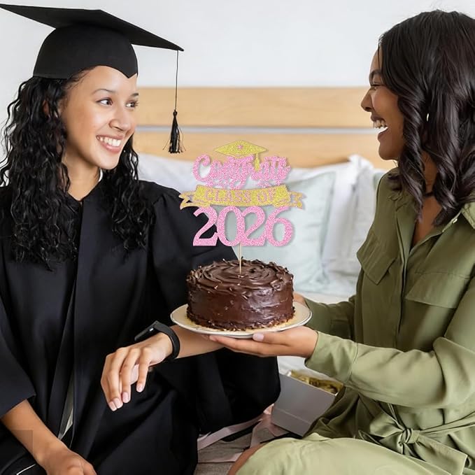 Glitter Class of 2026 Cake Topper，Congrats Grad Decorations， 2026 Happy Graduation High School/College/University Graduation Party Supplies Pink and Gold