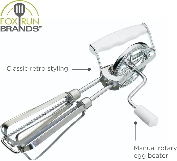 Fox Run Stainless Steel Manual Hand Mixer, White Retro Style Egg Beater, 10" x 5"