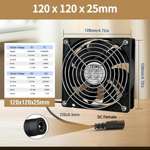 Dual Ball 120mm x 25mm AC Plug Cooling Fan with Smart LED Temperature & Speed Controller, High Airflow DC 12V Fans for AV Cabinet, Server Rack, Chassis, Workstation DIY