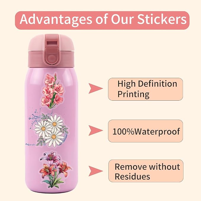Cute Flowers Stickers 50PCS Beautiful Plants Waterproof Flower Stickers for Water Bottles Laptop Luggage Journaling, Party Rewards Waterproof Vinyl Decals for Kids Teens Adults (Flower-1)