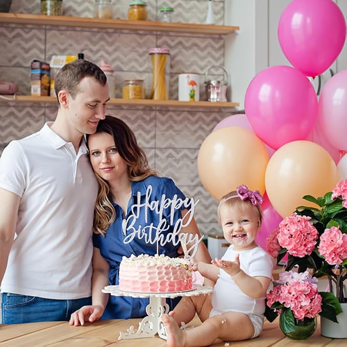 LVEUD Glitter Happy Birthday Cake Topper, Cake Decoration Suitable For Party Decoration - Silver