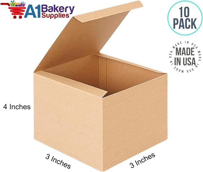 A1 Bakery Supplies Preimer High Kraft Pinstripe Brown Treat Gift Boxes (3 In X 3 In X 4 In) 10 Pack