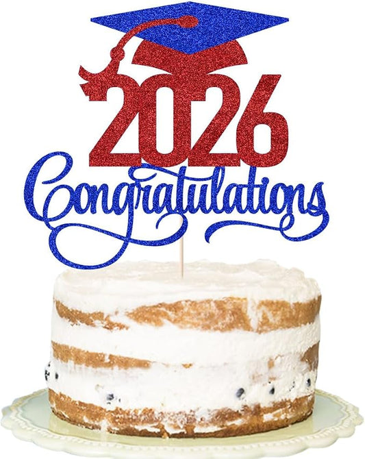 Dark blue red 2026 Congratulations Graduation Cake Topper,Congrats Grad Cake Decor - 2026 High School/College/Senior Graduation Party Decorations Supplies