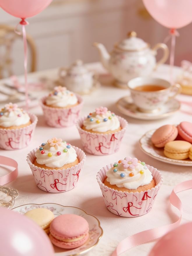 300 Pcs Pink Bows Cupcake Liners, Pink Baking Cups - Coquette Bow Cupcake Wrappers, Standard Muffin Cupcake Wrappers Holders (Base Dia 1.97in, Height 1.18in, Top Dia 2.76in) (Bow)