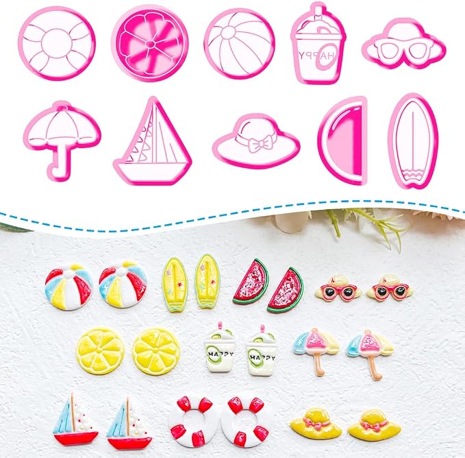 Summer Beach Polymer Clay Cutters Set Vacation Shapes Including Watermelon, Lemon, Sailboat, Surfboard & Beach Ball for DIY Earring Jewelry, Soft Clay Crafts, Scrapbooking & Miniature Decor