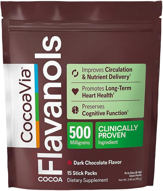 CocoaVia Cocoa Flavanols 500mg, High Flavanol Cocoa Powder, Support Heart and Brain Health, Boosts Nitric Oxide, Circulation, Preworkout, Travel-Friendly, Vegan, Dark Chocolate, 15 Single Serve Sticks