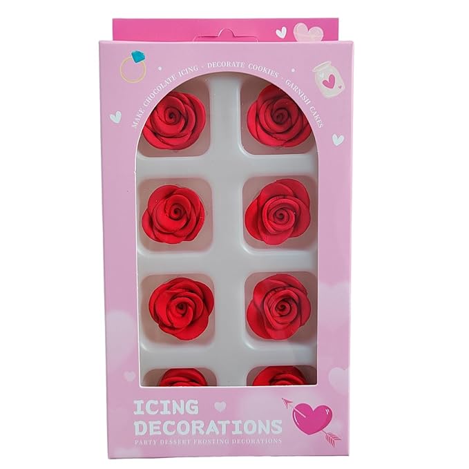Valentines Sprinkles, 8 Pieces Rose Cakes Decorations, Edible Rose Shaped Hard Sugar Icing Decorations Cake Cupcake Toppers for Baking Cookie Ice Cream Candy Decoration Wedding Party