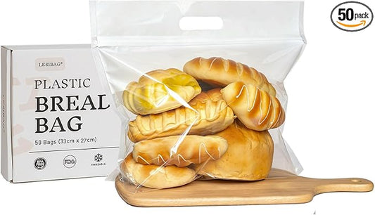 50 Pcs Clear Plastic Bread Bags for Homemade Bread, Resealable & Freezer Safe Bakery Bags Storage for Sourdough, Toast, Bagels, Muffins, Pastries (13‘’ x 10.6'' Clear)