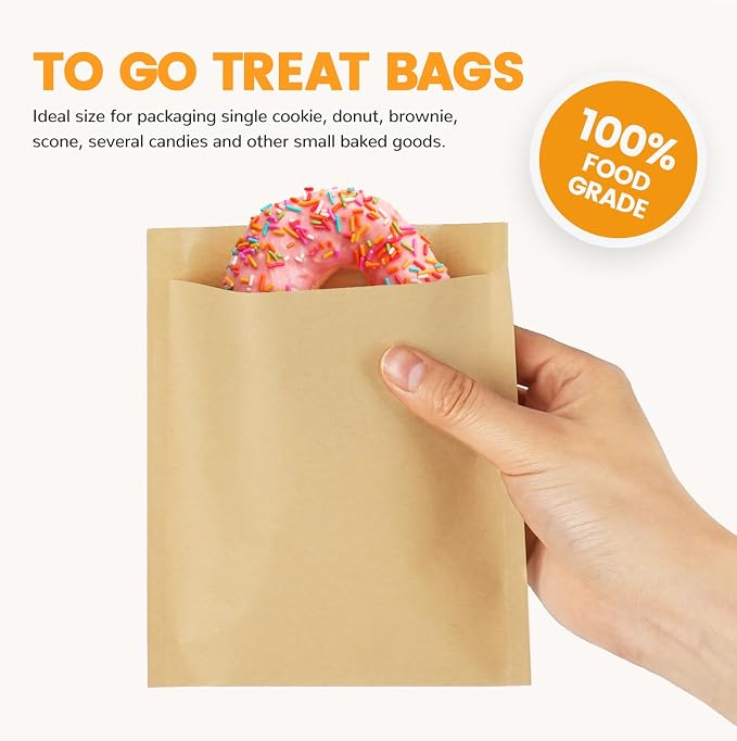 300 Pack Paper Cookies Bags with Seal Stickers, 5x6 Inch Grease Resistant Cookie Sleeves Small Brown Bakery Bags for Packaging Donuts, Brownies, Treats, Snacks, Baked Goods