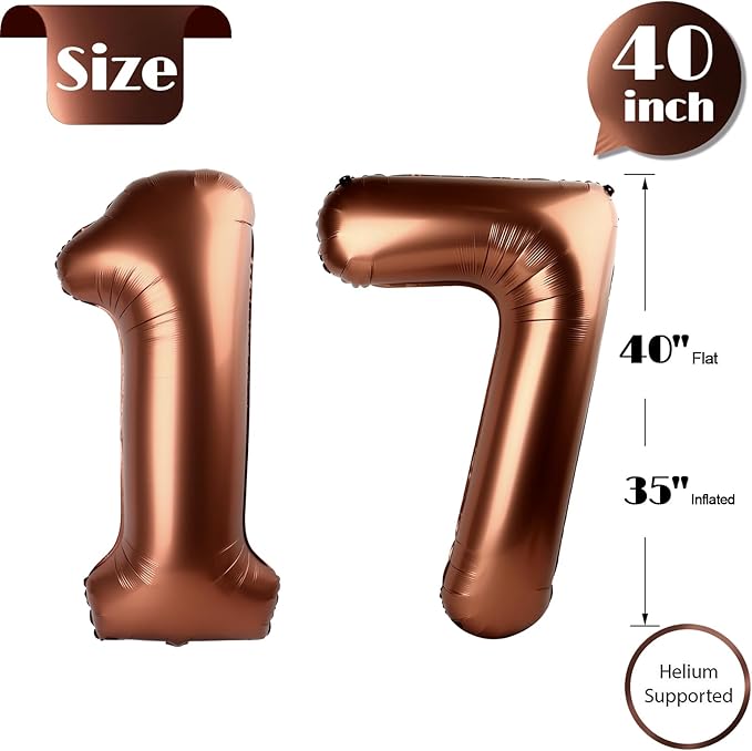 Dark Brown Number 17 Balloon 40 inch, Coffee Brown 17 Number Balloons, 17th Birthday Decorations, Chocolate 17 Year Old Girls Boys Dark Brown Party Supplies