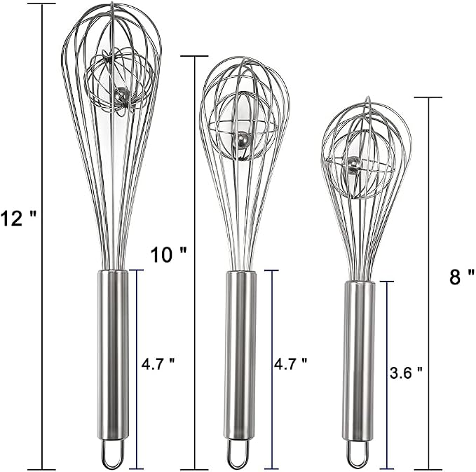 3 Pack 8, 10, 12 inches Balloon Whisk Double Balloon Wire Whisk Blending Whisking Beating Stirring Egg Beater Stainless Steel (with inside Ball)
