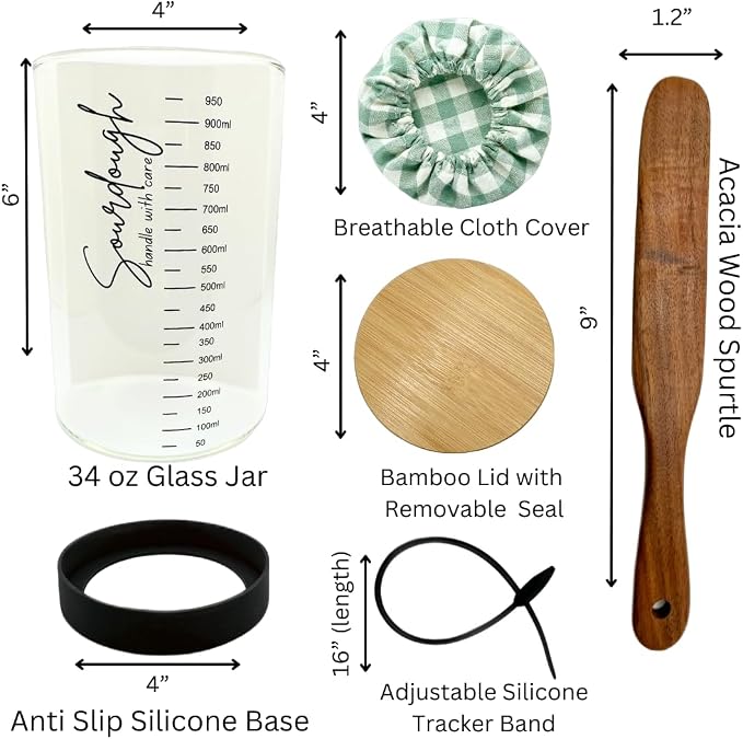 Sourdough Starter Kit - Sourdough Kit Includes Wooden Spurtle, Wide Mouth Jar w/ Bamboo Lid & More - Non-Slip Silicone Base Sourdough Bread Baking Supplies - Bread Making Kit for Beginners & Pros