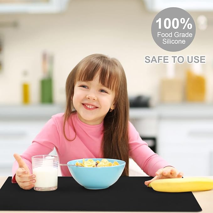 Food Grade Silicone Mats for Kitchen Counter - Countertop Protector Mat Heat Resistant Mat for Air Fryer, Non-Slip Kids Dinner Table Placemat, Nonstick Silicone Mat for Pastry, Baking, Black 1 Pack