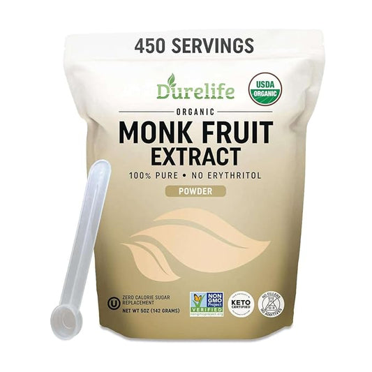 DureLife Organic 100% Pure Monk Fruit Sweetener, No Erythritol, 5 Oz | Zero Calorie Sugar Substitute, No Fillers, Keto Certified, OU Kosher, USDA Organic, Non-GMO Project Verified