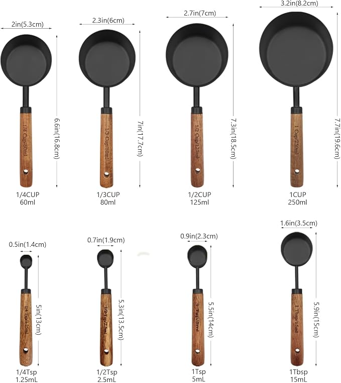 Black Measuring Cups and Spoons Set, Measuring Spoons and Measuring Cup Set for Cooking & Baking with Wood Handle