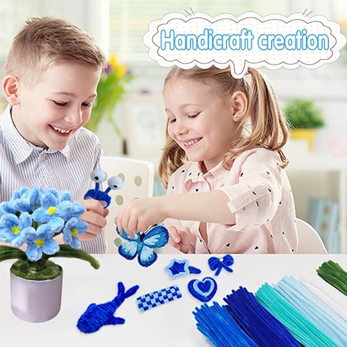 AHAMETON 620Pcs Blue Pipe Cleaner Flower Kit, 6 Colors Bulk Pipe Cleaners Craft Supplies with Wires, Stamens, Ribbon, Tapes, Card, DIY Flower Making for Gifts Home Decoration, Party School Crafts