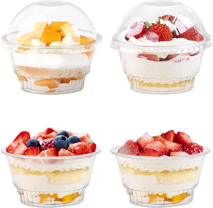 Lyellfe 100 Pack Dessert Cups with Dome Lids, 5 oz Clear Plastic Cups, Disposable Ice Cream Cups for Take Away Food Dessert Cupcake and Fruit