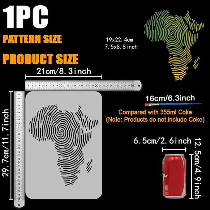 FINGERINSPIRE Africa Map Painting Stencil with 1Pc Plastic Paint Brush 8.3x11.7inch Reusable African Map Drawing Template Line Art Map Pattern Stencils for Adults Painting on Wood Wall Fabric