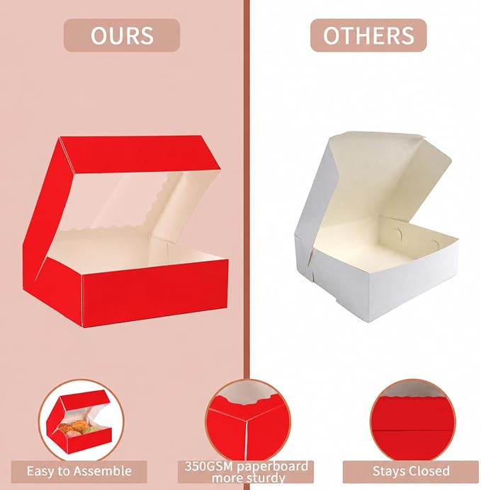 24 pcs Red Pie Boxes,12x12x3 Inch Auto-Popup Bakery Boxes with Window Donuts Chocolate Muffins Donuts Pastry Dessert Cookie Box For Packaging