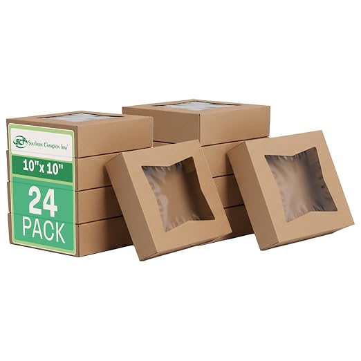 SCT Kraft Window Bakery Pack (24 Pack) 10x10x2.5, Auto Pop-Up Containers for Pies, 10 inch Brown Bakery Pack, Cookie Box with Window, 24233K-24