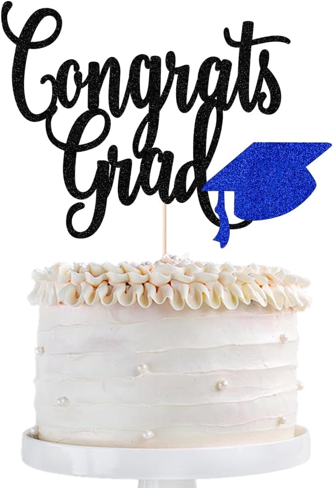 Congrats Grad Cake Topper,2026 Graduation Cake Topper, Congrats Grad Decorations,2026 High School/College/Senior Graduation Party Decorations Supplies. (Congrats Grad Black and dark blue)