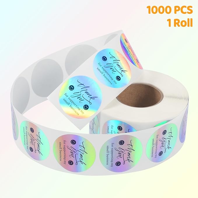 1000 PCS Holographic Thank You Stickers for Small Business | 1.5 Inch, Self-Adhesive Waterproof Labels, Smile Design Stickers, Envelope Seals for Packaging, Gift Bags, Boxes