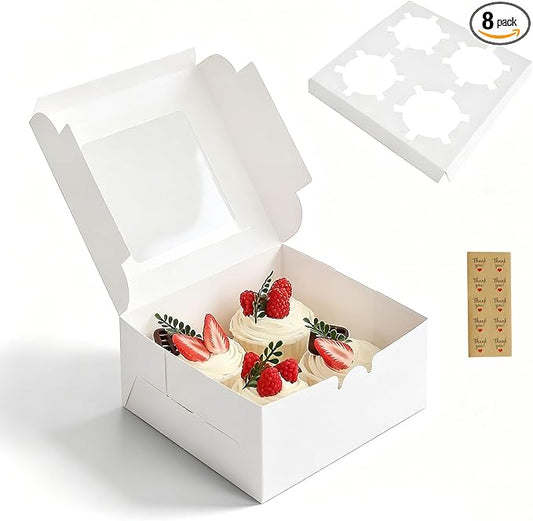 8-Pack Cupcake Boxes with 4-Compartment Slots, Clear Window, Thickened Food-Grade Cardboard, Easy Assembly, for Small-Batch Baking & Personal Gifting