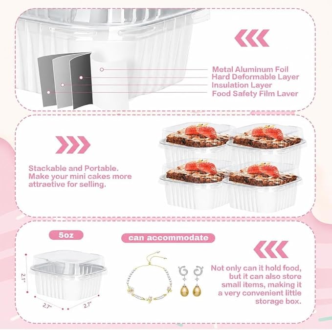 100Pack 5oz White Mini Cake Pans with Lids Baking Cups Aluminum Foil Pans Tins, Individual Dessert Cups Containers for Sales,Party,Picnics
