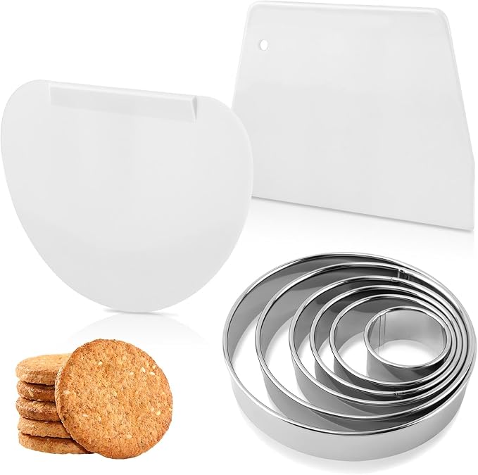 Round Cookie Cutter Set, 6 Pc 2-6 in, 1.2 in Deep, 2 Scrapers | Stainless steel cutters, Plastic scrapers, Dishwasher safe then dry, Not for cuts over 1.2 in depth in one pass
