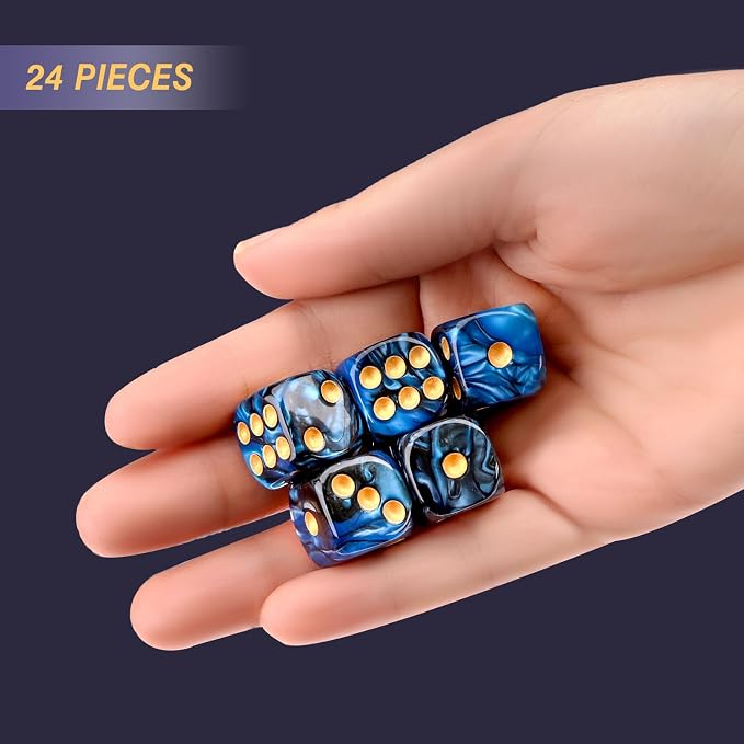 24 of Pack 16MM 6 Sided Dice Set,Two Colours D6 Game Dice Set, 6 Sided Standard Dices for Yahtzee, Bunco or Teaching Math,with Portable Dice Pouch(Blue and Black)