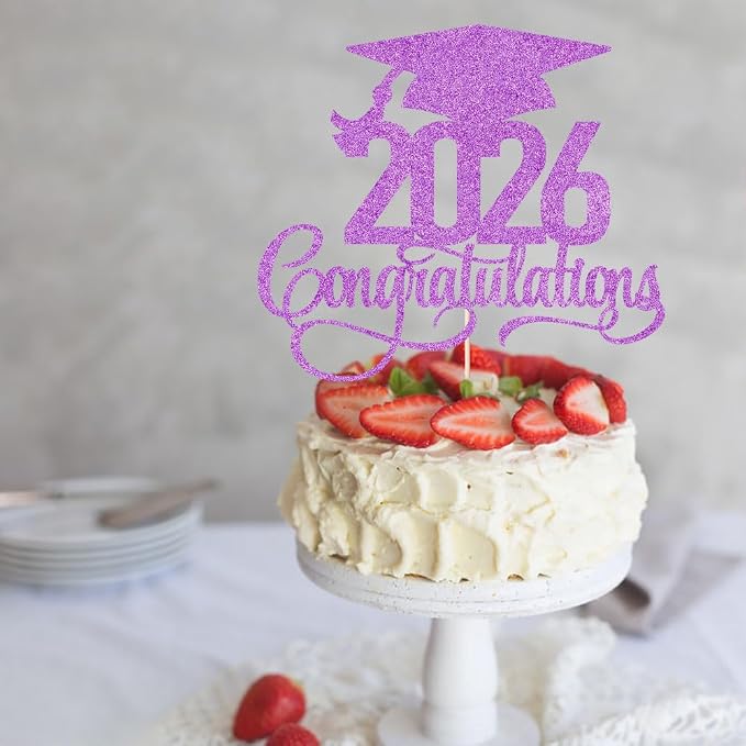 Glitter 2026 Congratulations Graduation Cake Topper,Congrats Grad Cake Decor - 2026 High School/College/Senior Graduation Party Decorations Supplies (2026Congratulations purple)