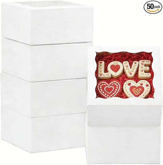 XINHPKGG 50 Pack Cookie Boxes 6x6x3 Inch Bakery Boxes with Window Treat Box Dessert Box for Macaron Mini Cake Chocolate Covered Strawberries Pastry - White