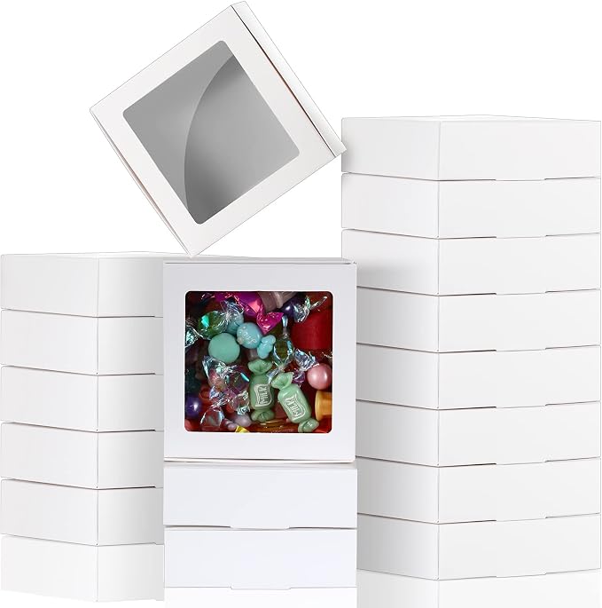 Zonon 30 Pcs Kraft Paper Boxes with Window 4.13 x 4.13 x 1.18 Inch Candy Packaging, Small Gift Boxes, Soap holder, Mini Treat Packaging for Bakery Chocolate Jewelry Display (White)