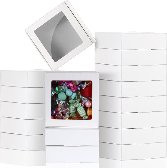 Zonon 30 Pcs Kraft Paper Boxes with Window 4.13 x 4.13 x 1.18 Inch Candy Packaging, Small Gift Boxes, Soap holder, Mini Treat Packaging for Bakery Chocolate Jewelry Display (White)