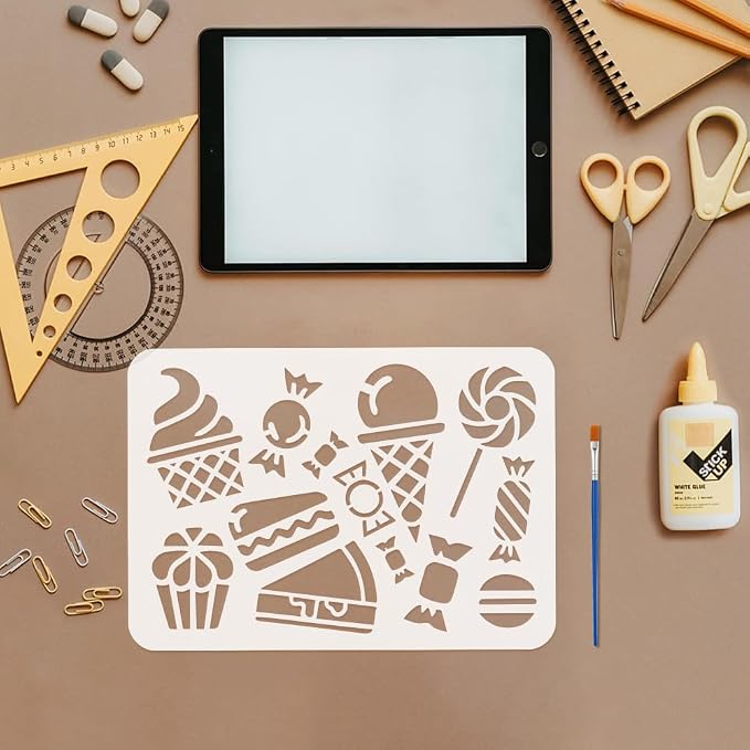 FINGERINSPIRE Desserts Stencils with a Paint Brush 11.7x8.3Inch Candy Lollipops Stencils Cake Ice Cream Pattern Stencil Macarons Painting Stencil Daily Themes Desserts Template for DIY Crafts