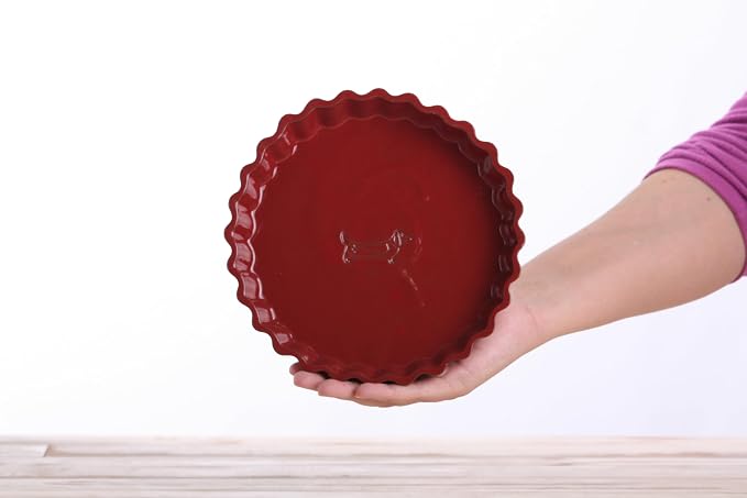 Willow Ceramics Tart Dish, 8inch Diameter, Spotted Dachshund Tart Dish Design, Fluted Quiche/Pie Pan, 20oz Volume, Handmade (Red)