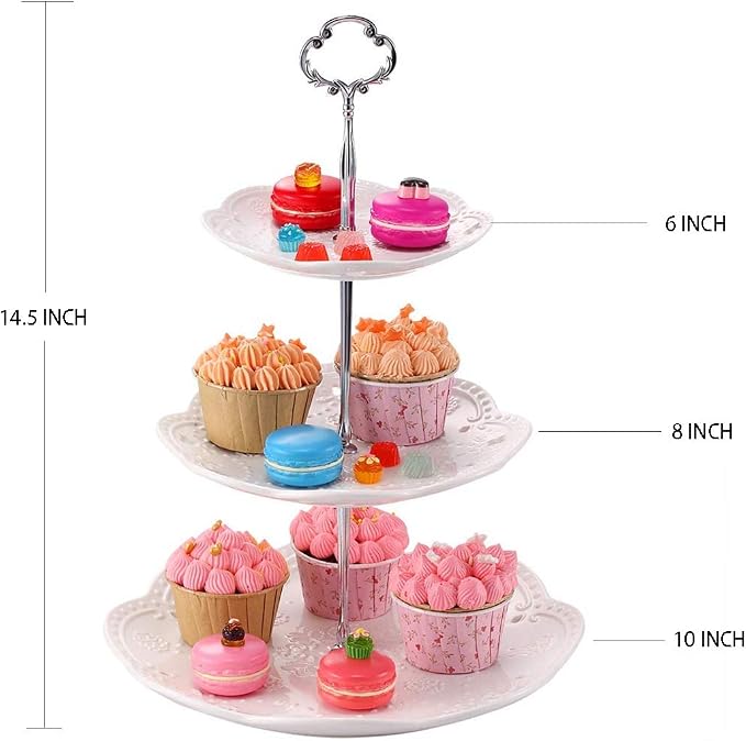 3-Tier Porcelain Cupcake Stand Serving Tray - White Embossed Elegant Dessert Cake Stand - Pastry Serving Stand for Tea Party, Wedding and Birthday