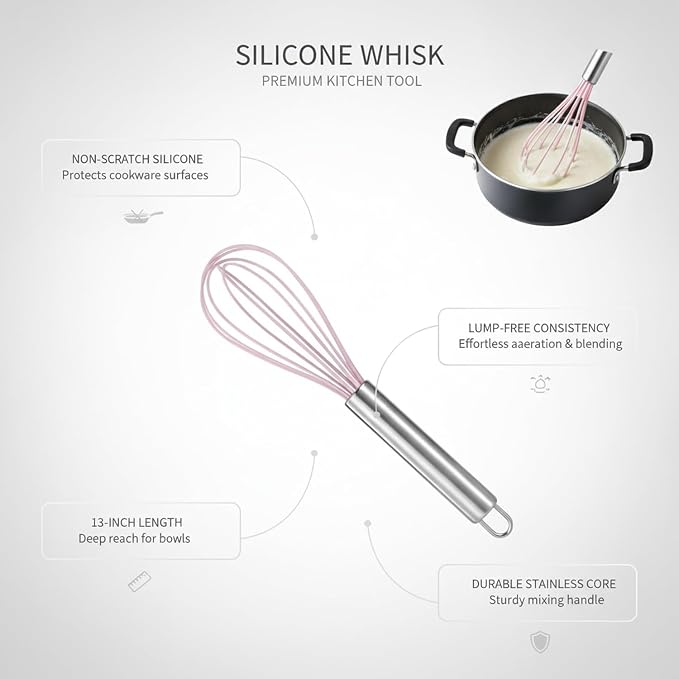 Silicone Whisk, Non-Scratch Coated Wires with Stainless Steel Core for Mixing Batters and Sauces in Nonstick Cookware, 13 Inch (1 PC)
